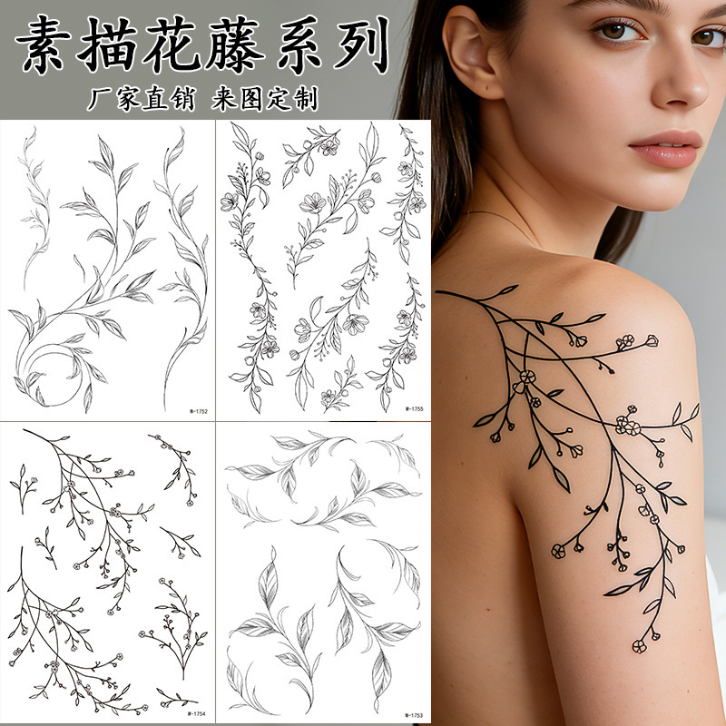 Cross-Border European and American Tattoo Stickers Waterproof Temporary Realistic Tattoo Stickers Sketch Flower Arm Half Arm Fresh Style Tattoo