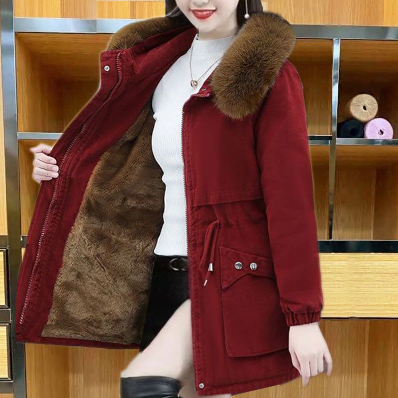 Parka mid-length young mother winter new women's clothing loose fleece-lined cotton-padded coat lambswool down thickened coat