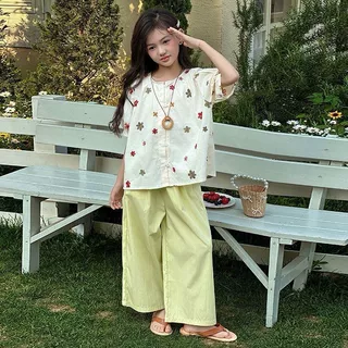 童装夏季2026新款洋气圆领短袖衬衫阔腿裤两件套休闲女童夏季套装