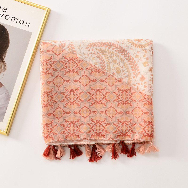 Estilo étnico tótem trigo franja costura bufanda primavera y verano delgada fotografía de viaje chal decorativo bufanda de algodón y lino para mujer