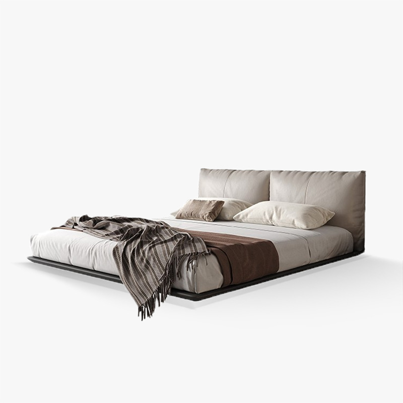 Italian Minimalist Floating Leather Bed with Soft Package and LED Strips, White Ash Wood Double Bed for Master Bedroom