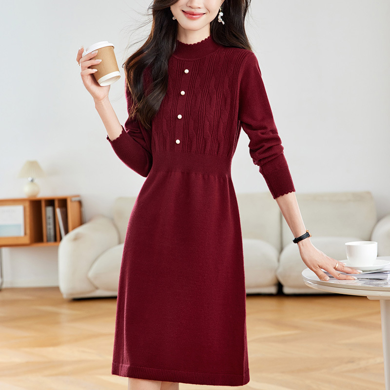 Waist Slimming Knitted Dress, Autumn and Winter Inner Knitted Long Skirt, Light Luxury and High-End Sweater Skirt with Half Turtleneck