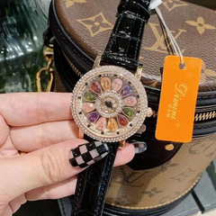 時來運轉旋轉手錶蒂米妮女士女表大錶盤滿天星水鑽真皮時尚女表