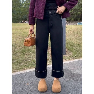 黑色直筒牛仔裤女春秋新款大码胖mm宽松显瘦梨形身材九分烟管裤子