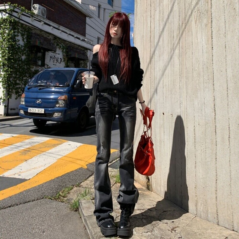 American-Style Skinny Flared Jeans for Women, Light Y2K Culture Low-Waist Black Stretchy Ripped Bootcut Pants American-Style Skinny Flared Jeans for Women, Light Y2K Culture Low-Waist Black Stretchy Ripped Bootcut Pants