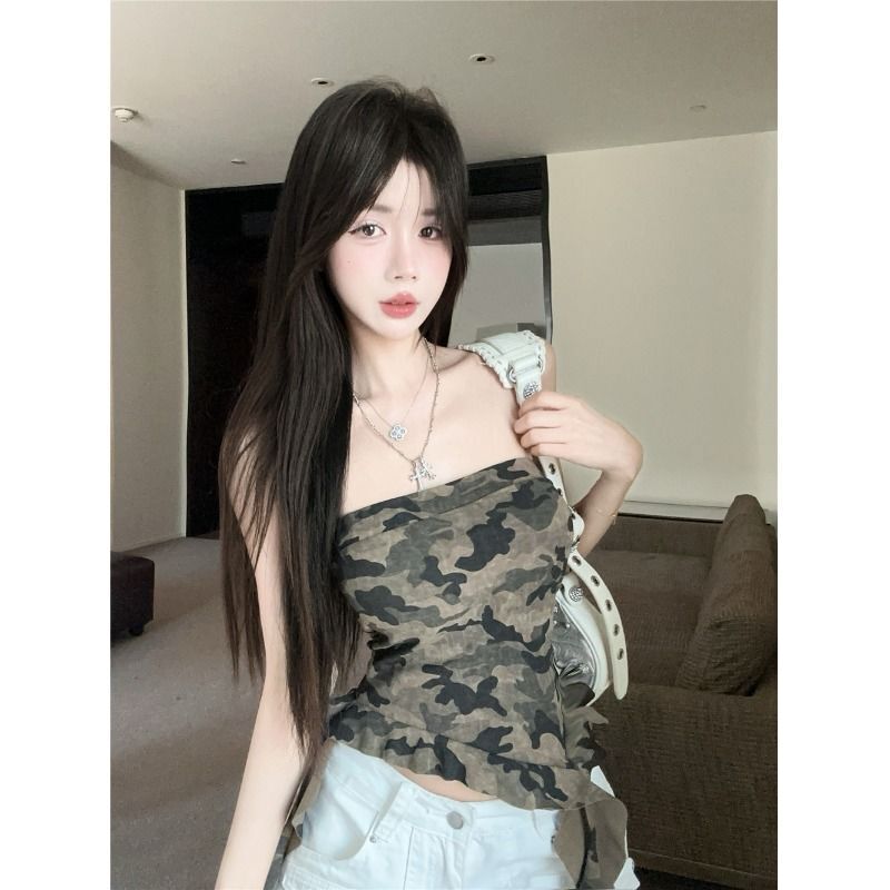 Spice Girls Camouflage Printed Strapless Vest Women's Summer Pure Retro Irregular Ruffled Strap Slim Top
