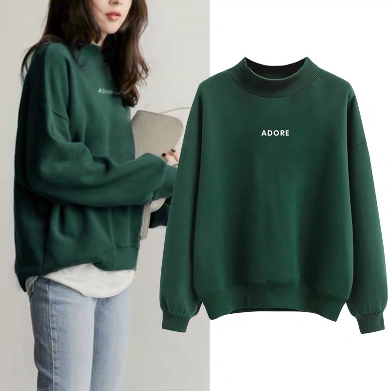Sudadera con Forro Polar para Mujer, Estilo Coreano, Otoño-Invierno 2025, Holgada, Cuello Medio Alto, Verde, con Letras, para Estudiantes