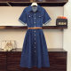 Hong Kong Style Design Sense Short-sleeved Denim dress Women's 2025 Summer New Fashionable Tight Waist Slimming Fashionable Midi Dress