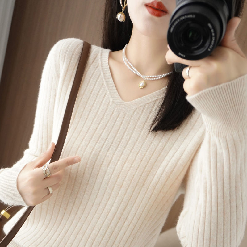 [Women's clothing plus size can be worn] V-neck sweater loose pullover sweater 2023 autumn and winter bottoming shirt chubby girl