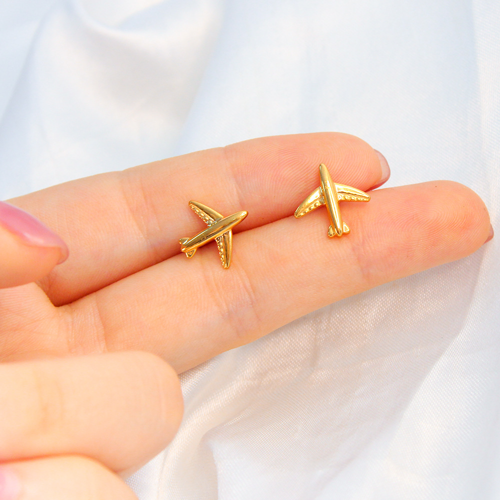 Daily Occasion 304 Stainless Steel, 316 Stainless Steel Material 1 Pair Retro Airplane Plating 304 Stainless Steel 316 Stainless Steel 18K Gold Plating In The Furnace Ear Studs
