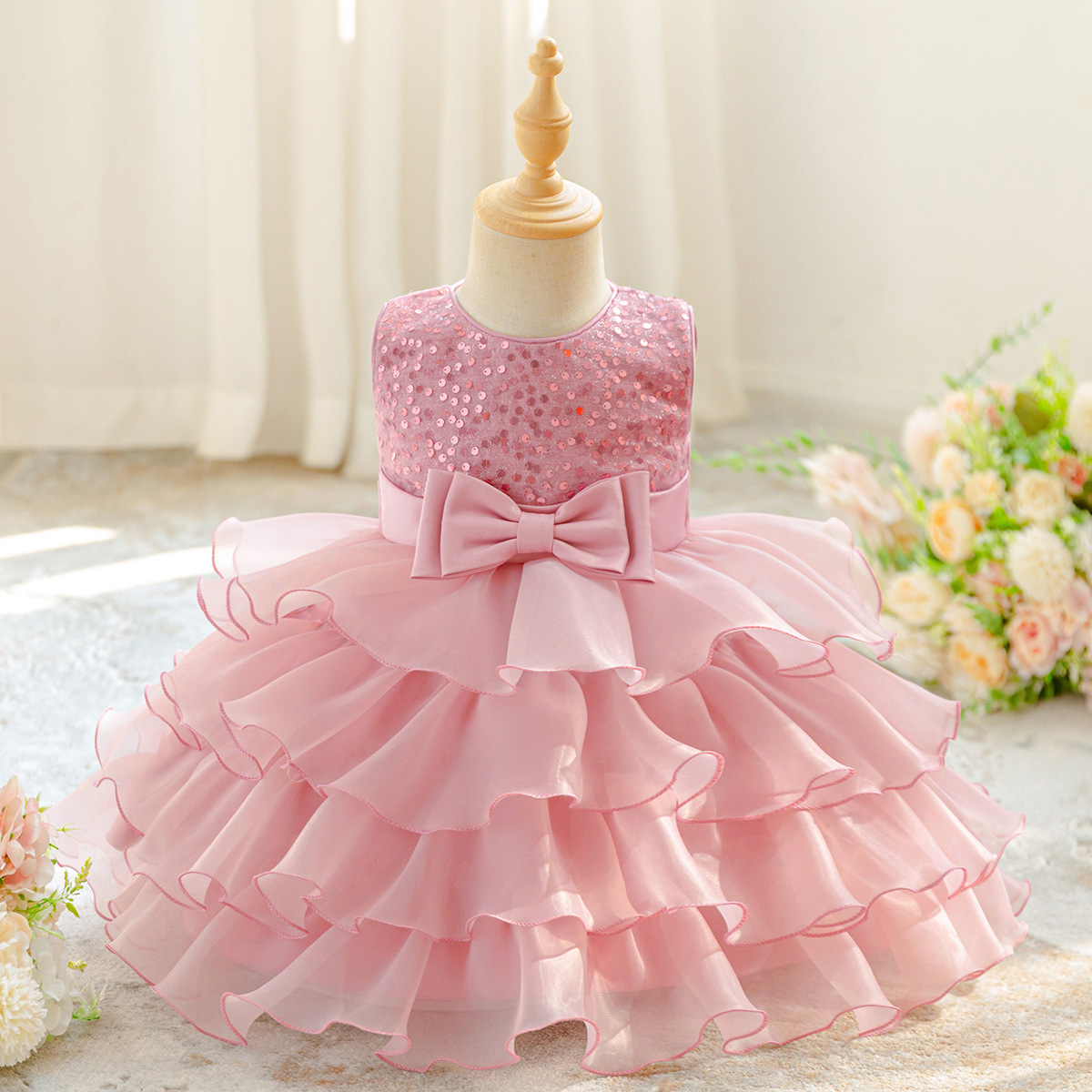 Vestido de niña de nuevo estilo, vestido de princesa sin mangas con lentejuelas, vestido de encaje, vestido de flores para boda