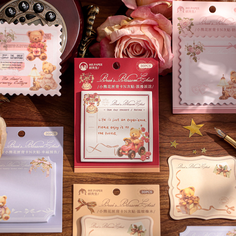 Mr. Paper Tarjeta trasera N pegatinas Serie de cajas de flores de oso Ilustración de alto valor Notas de estudiante Papel de mensajes Post-it