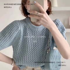 韩系圆领套头镂空短袖针织衫女高级感减龄短款上衣