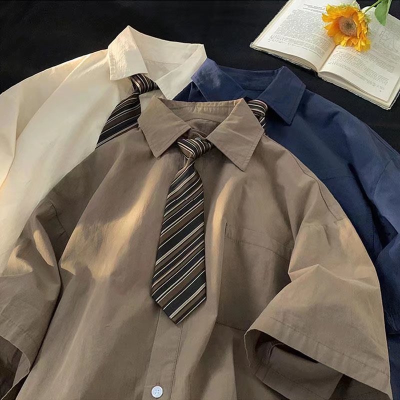 Short-sleeved shirt for boys summer preppy style design tie loose trendy Hong Kong style casual all-matching shirt jacket