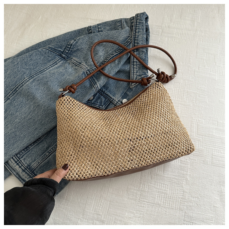 114g Weight Polyester Lining Material Weave Fashion Element Zipper Closure Type Single Shoulder Strap Strap Type Underarm Bag Bags Type Daily, Street, Shopping Occasion Straw Material New Year Festival Solid Color Pattern All Seasons Season Women's Gender Streetwear Style Square Shape Large Size Women's Large Straw Solid Color Streetwear Weave Square Zipper Underarm Bag 无