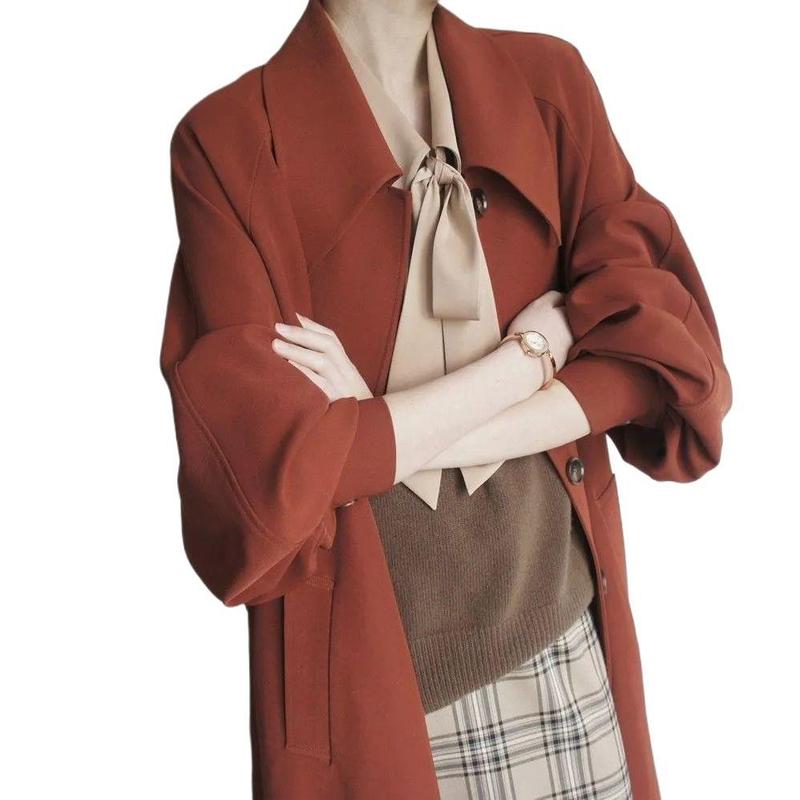 2025春秋新品复古纯色潮流风衣单排扣中长款口袋灯笼袖女外套时髦|undefined