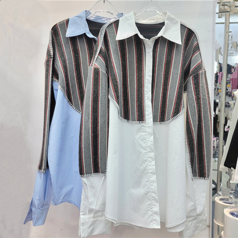 Camisa en Bloques de Color con Solapa de Poliéster con Manga Larga y Botones
