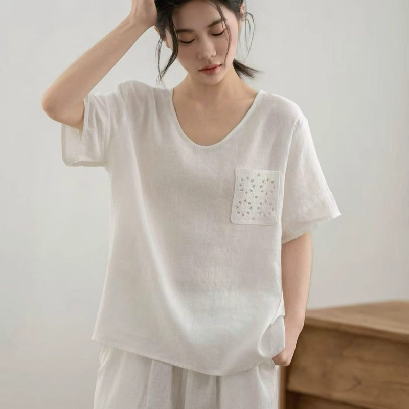 Linen Shirt 2026 Summer New Style Lace Patch Pocket Round Neck Pullover Top for Women