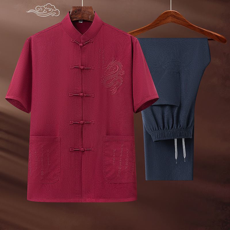 Middle-aged and elderly men's Tang suit, summer thin short-sleeved new Chinese style, grandfather's summer traditional Chinese style casual two-piece set