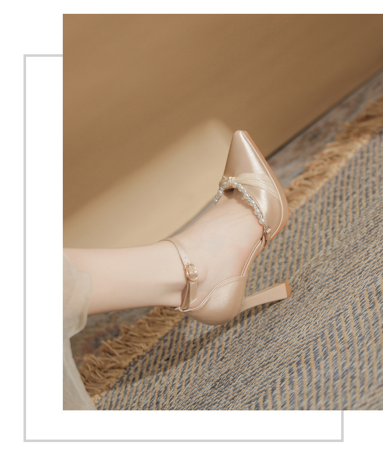 Sandal cao gót nữ Jin Gang YY10506 mũi nhọn hở mũi gót thô đế chống nước — Màu sâm panh chi tiết 18