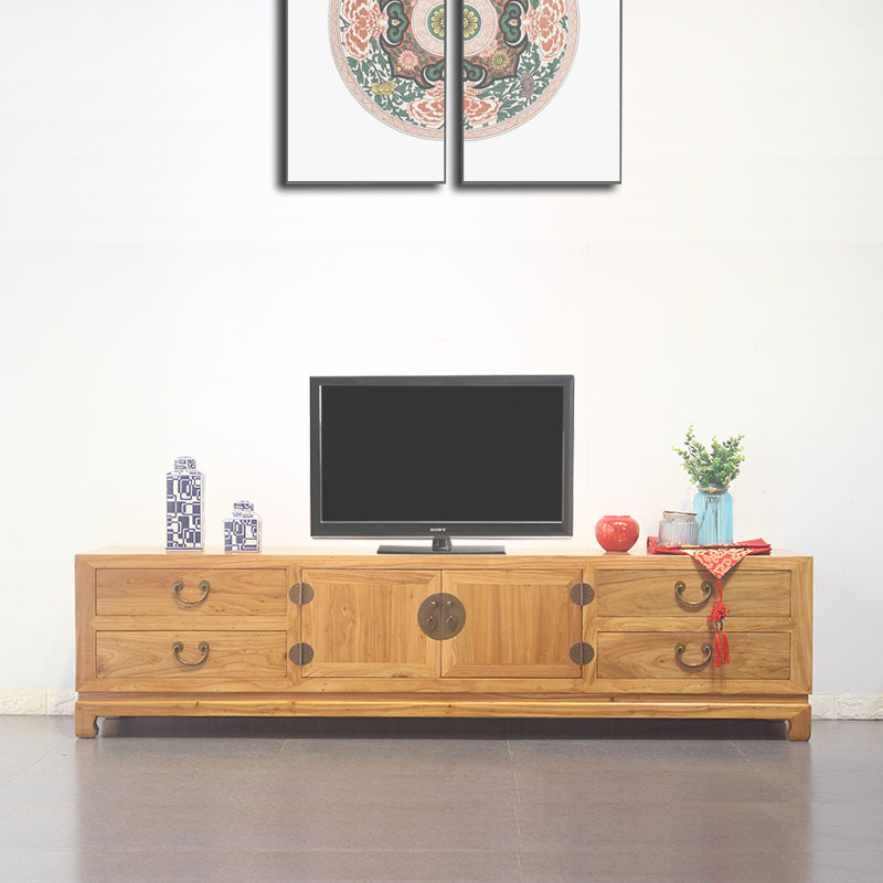 Solid Wood Tv Cabinet New Chinese Style Modern Minimalist Floor Cabinet Elm Wood Assembled Kang Cabinet Storage Cabinet Living Room Audio-Visual Cabinet