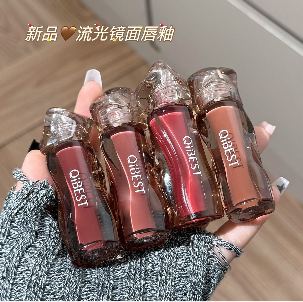 QIBEST Tea-brown Flowing Mirror Lip Gloss four-color Curved Lipstick for export, dark series lip mud one-piece consignment Specification drawing