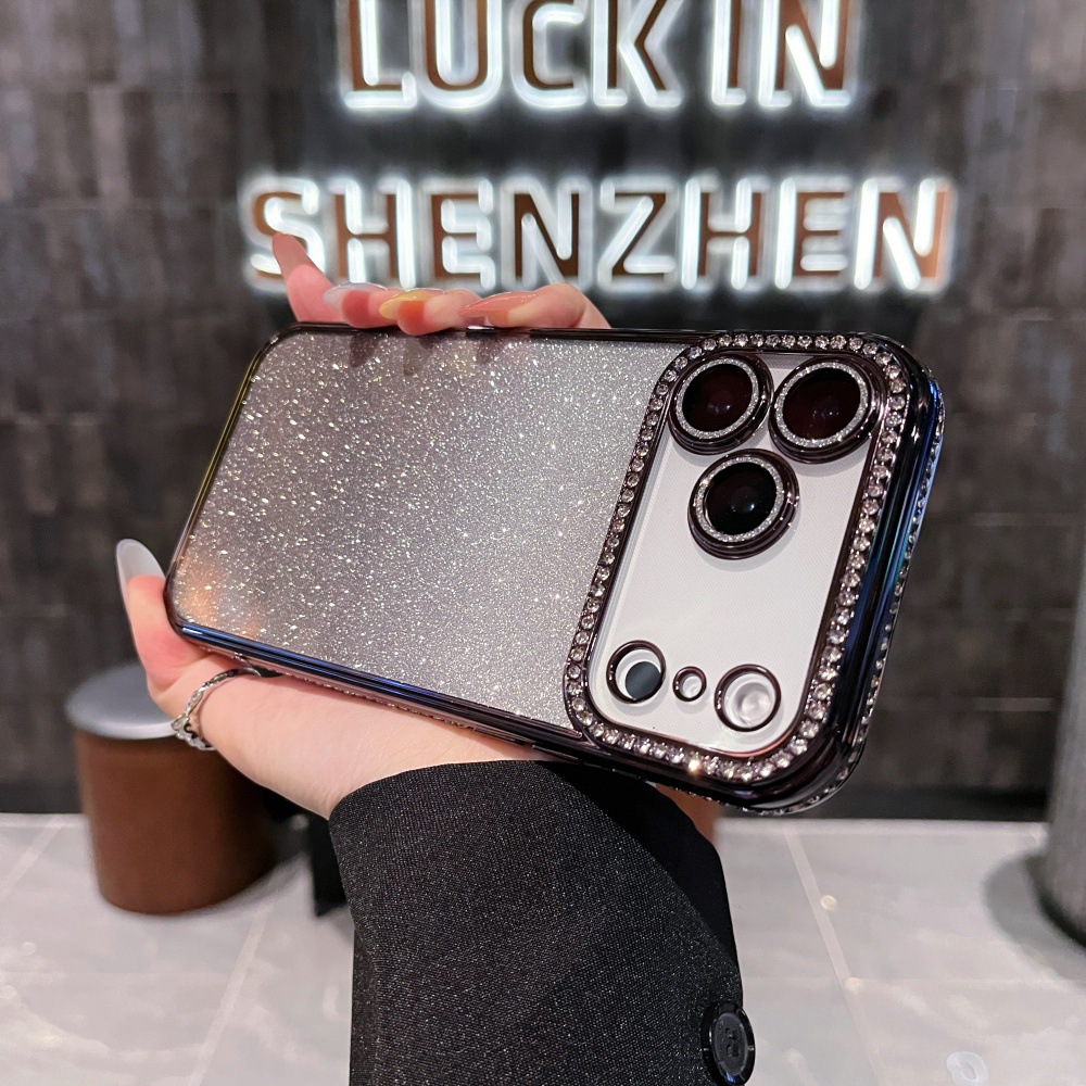 Adatto per iPhone 17 Pro Max con bordi quadrati impreziositi da diamanti, custodia glitterata sfumata per 16 Pro, 14/13, chiaro_voghion.com