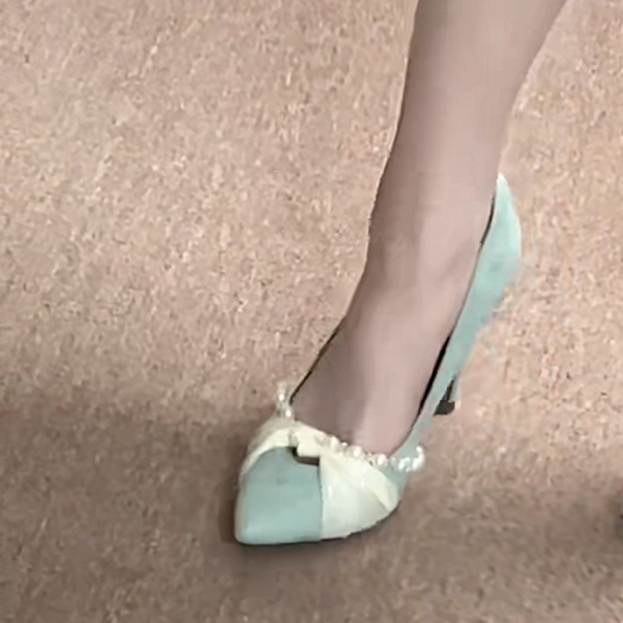 3391-18 French-style Elegant Fashion Lady Suede Pointed Toe Shallow High-heeled Shoes With Pearl Chain And Bow For Women_vogvips.com