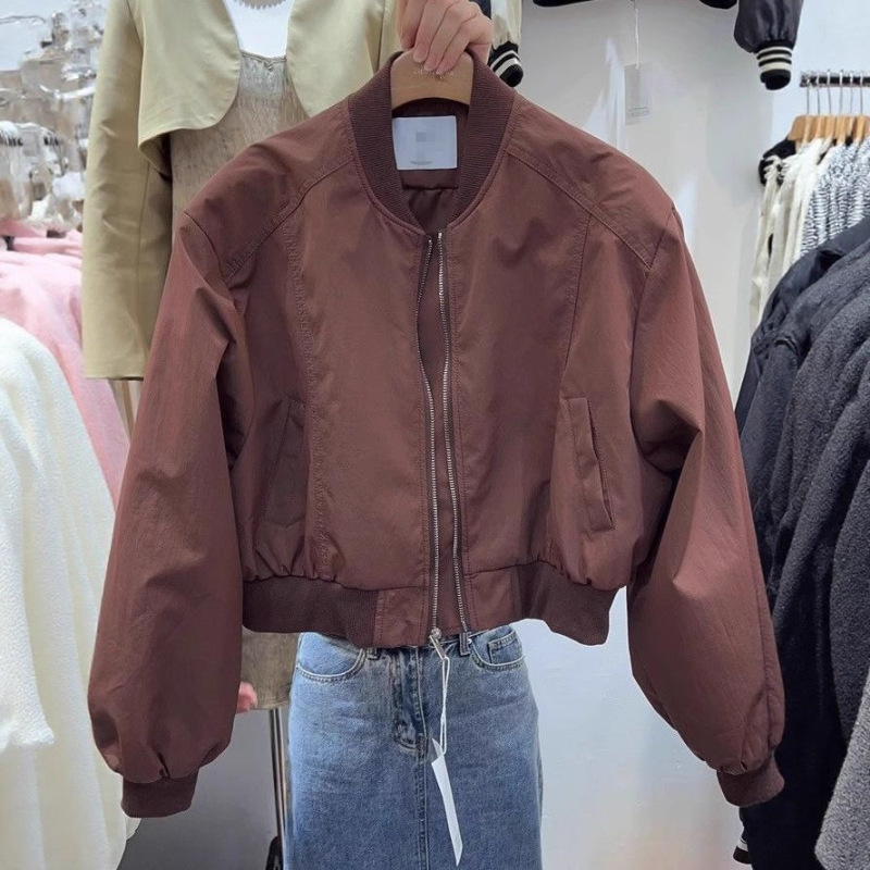 美式街头风棒球服外套女春秋2025年新款复古纯色宽松立领夹克上衣|undefined