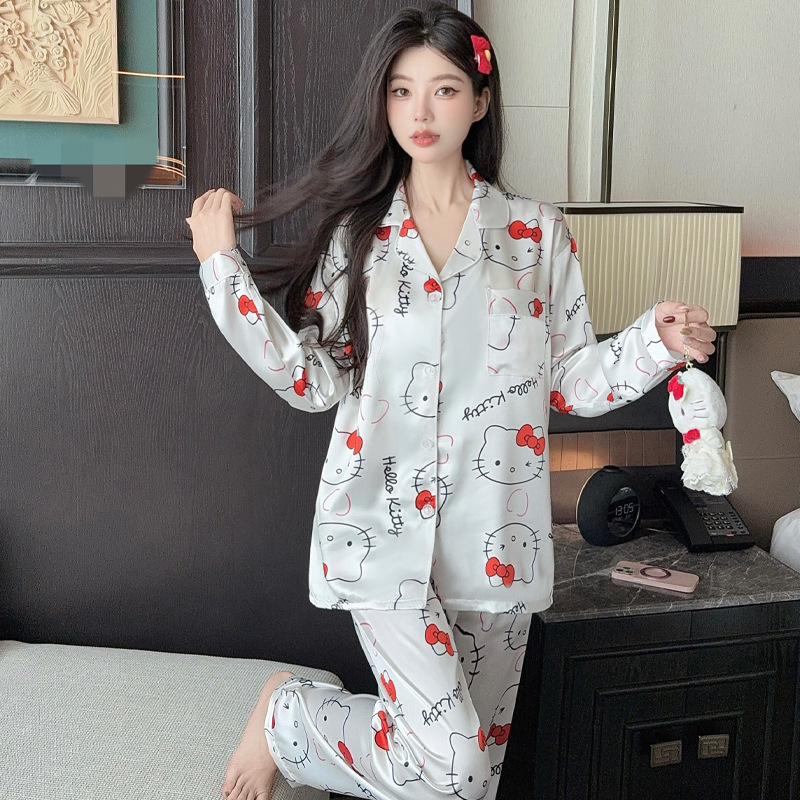 卡通轻奢ins风可爱冰丝睡衣女长袖长裤家居服两件套装可外穿批发|undefined
