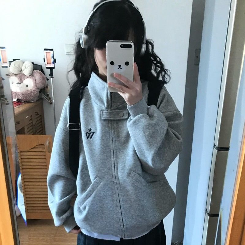 美式复古立领廓形卫衣女春秋季高级感刺绣百搭拉链外套宽松上衣潮