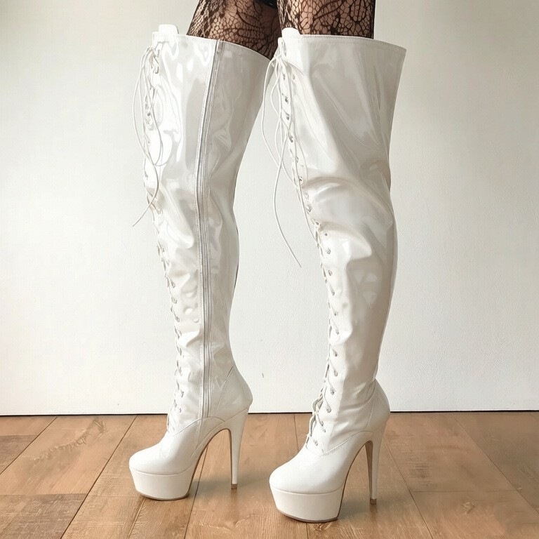Amazon ultra-high heel women's shoes, 20cm waterproof platform, over-the-knee long boots, thin heel, patent leather, front lace-up, black thigh-high boots Amazon ultra-high heel women's shoes, 20cm waterproof platform, over-the-knee long boots, thin heel, patent leather, front lace-up, black thigh-high boots