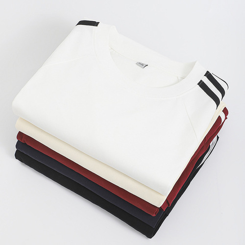 Pure Color Three Stripes 250g Heavyweight Ribbed Long Sleeve T-Shirt for Men Loose Early Autumn Color Block Shoulder-Style Round Neck Base Layer Top