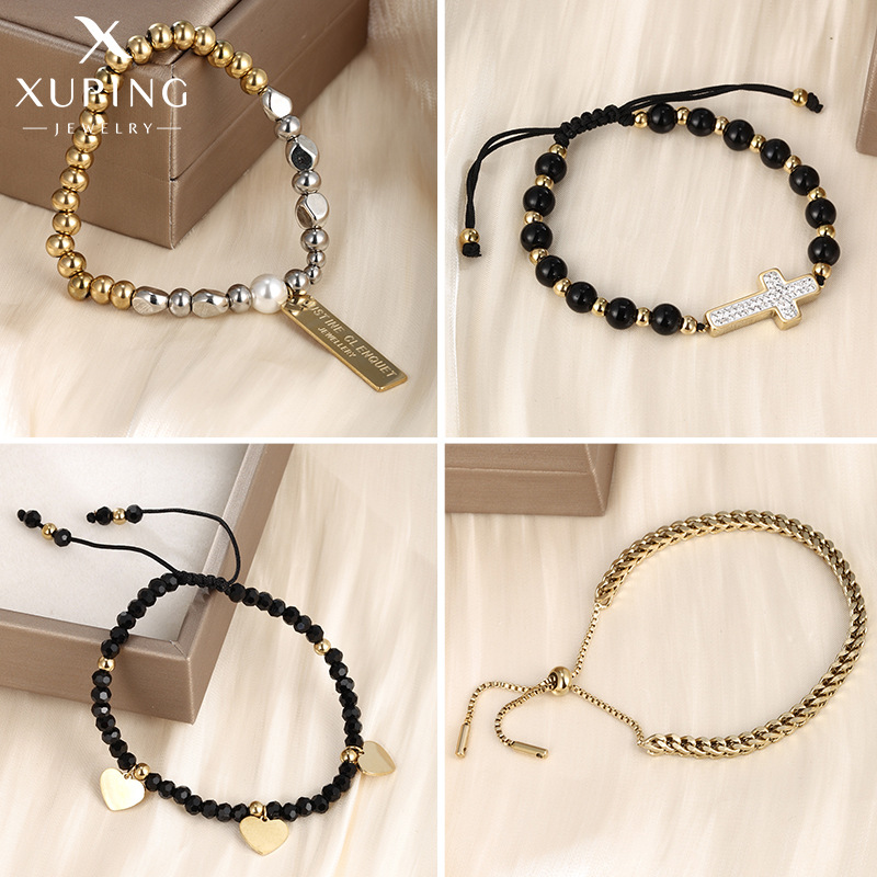 Joyería Xuping joyería de moda europea y americana amor cruces diamantes tejidos cuentas imitación de gemas pulseras de acero inoxidable mujeres