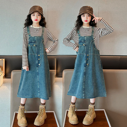  New Arrival Girls' Autumn Outfit Set: Trendy Spring/Summer Dress with Denim Suspender Skirt for Older Kids