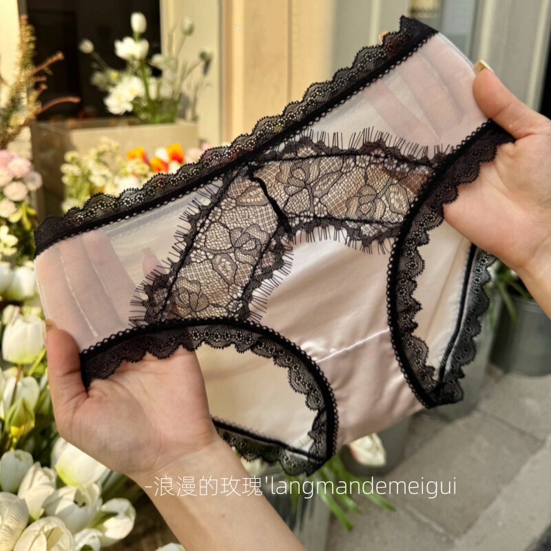 Romantic Rose' French Satin Sexy Lace Underwear for Girls Pure Desire Comfortable Bacteriostatic Crotch Briefs for Women