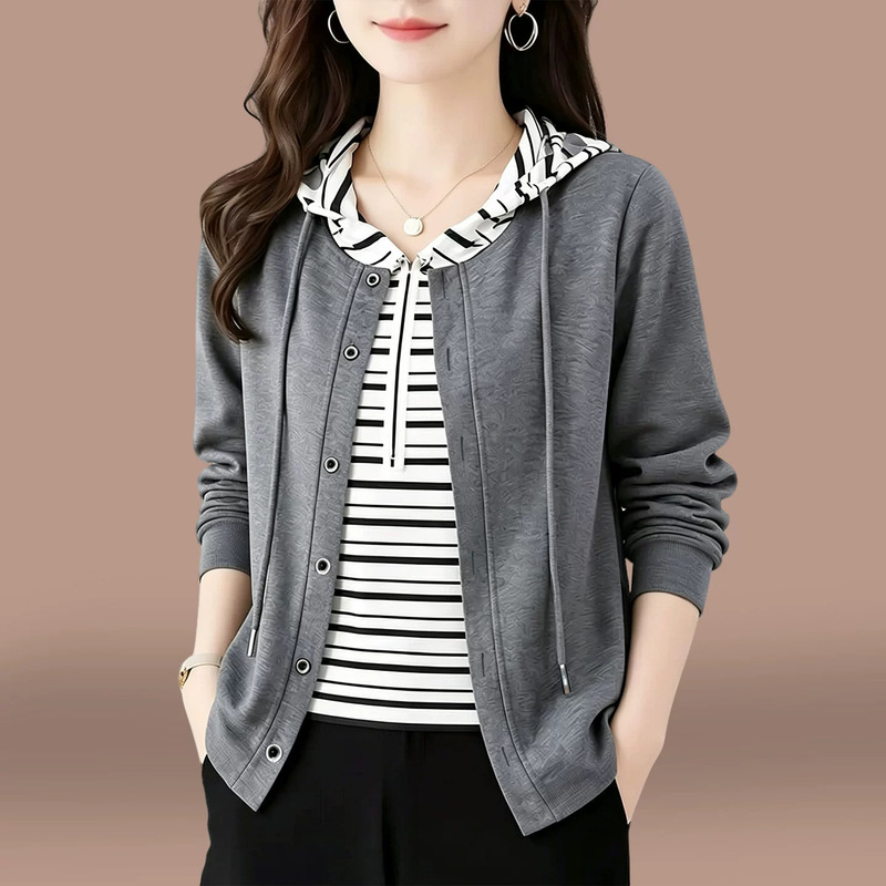 Early autumn women's sweatshirt 2026 new style for petite moms, fashionable and chic faux two-piece hooded striped cardigan top
