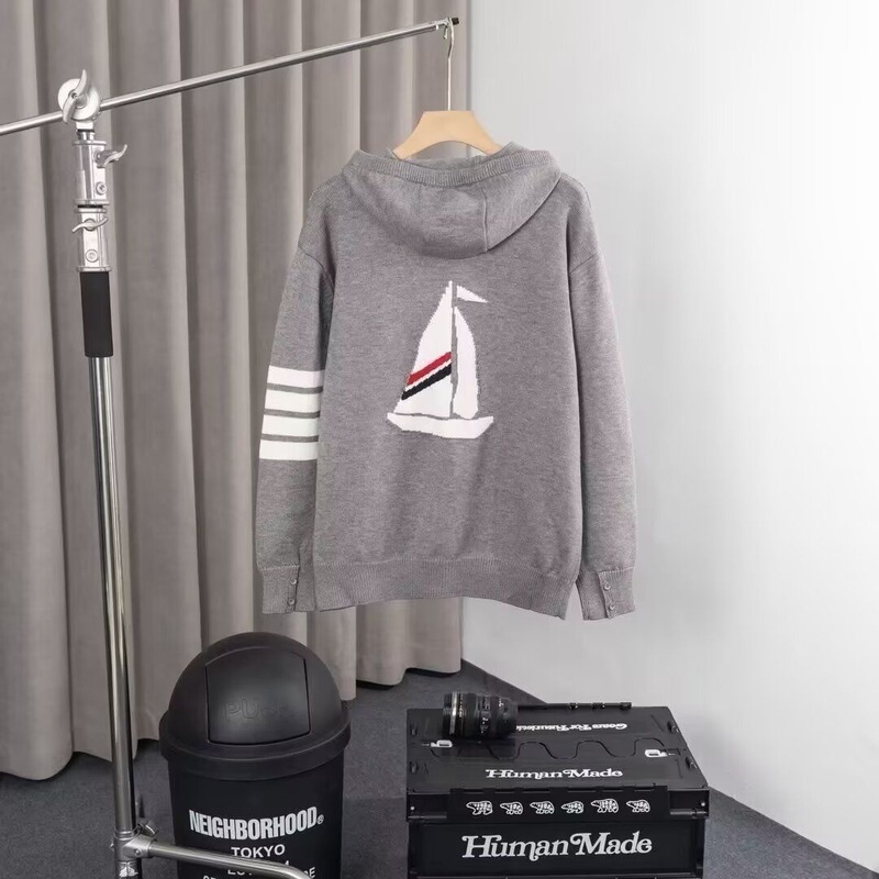 TB Style Hooded Sailboat Zipper Cardigan Jacket Back Pattern Four Pair Casual Loose Knitted Sweater for Men and Women