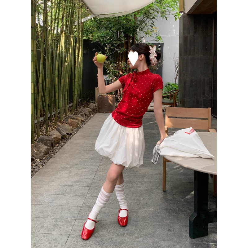 2025 赤水玉半袖 Tシャツ女性の夏の右肩痩身ボウタイホットガールトップ|undefined