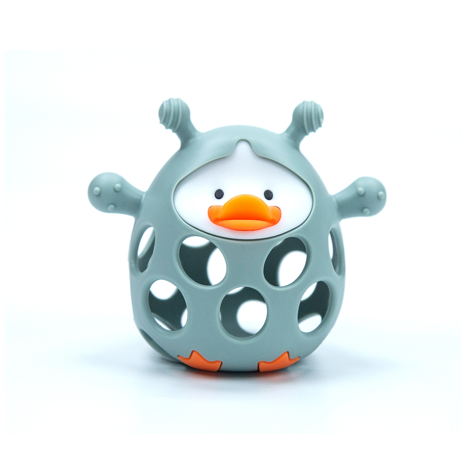 Nuevo producto pato mordedor bebé campana de tiro de mano bola molar palo de silicona bebé período de deseo oral mordedor anti-comer dios de la mano