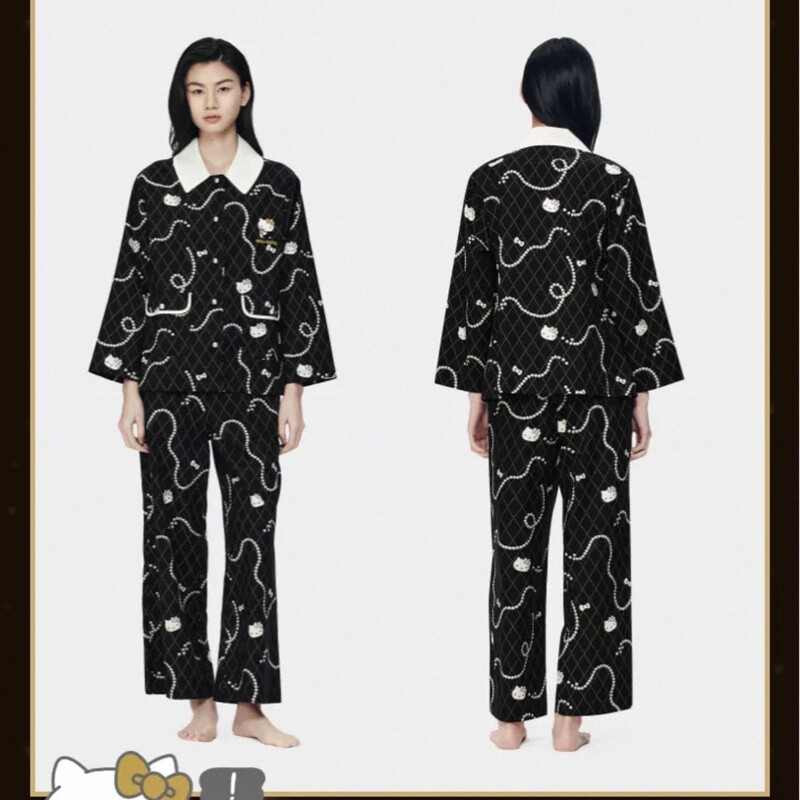 Lyocell Tencel Cotton Women's Home Wear Cartoon Sweet Black Pearl Hello Kitty Long-Sleeved Long-Pants Pajamas Lyocell Tencel Cotton Women's Home Wear Cartoon Sweet Black Pearl Hello Kitty Long-Sleeved Long-Pants Pajamas