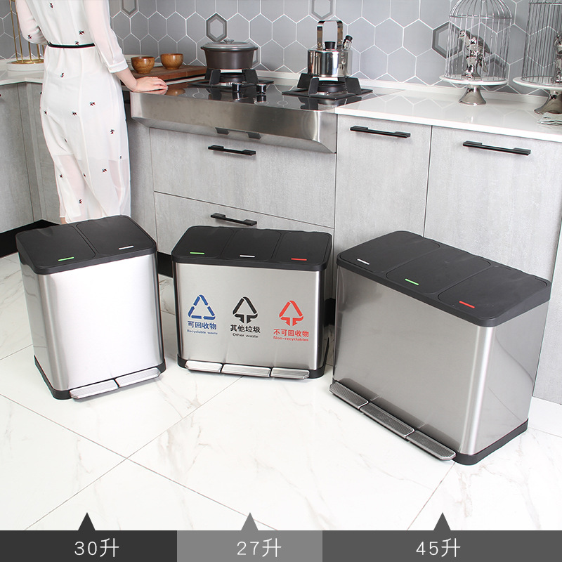 Cubo de basura de acero inoxidable comercial al aire libre pedal mudo centro comercial clasificación luz lujo tubo de almacenamiento habitación de invitados gran cubo de frutas