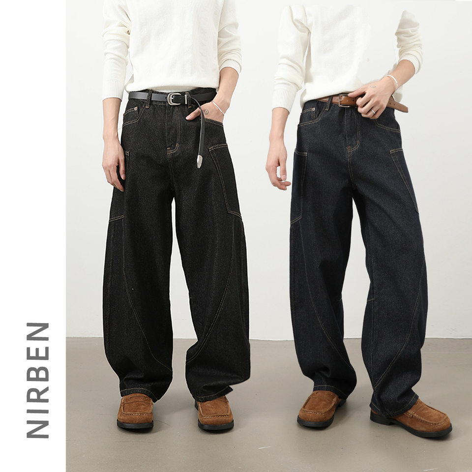 Quần jean nam ống rộng phong cách đường phố retro, nhiều túi hộp, dáng lỏng lẻo — Denim đen, Trắng, màu hồng, màu xanh