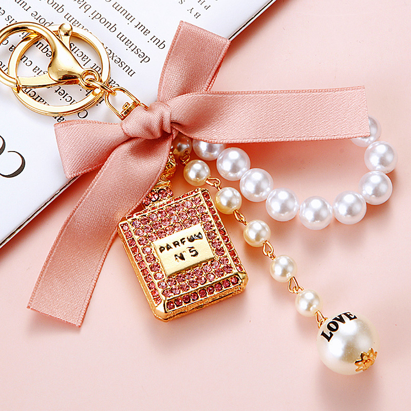 Pearl Perfume Bottle Bow Car Keychain Women's Cute Creative Bag Pendant Key Chain Ring Diamond Gifts