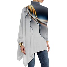 跨境亚马逊速卖通春秋热款不规则下摆宽松休闲印花长袖高领打底衫