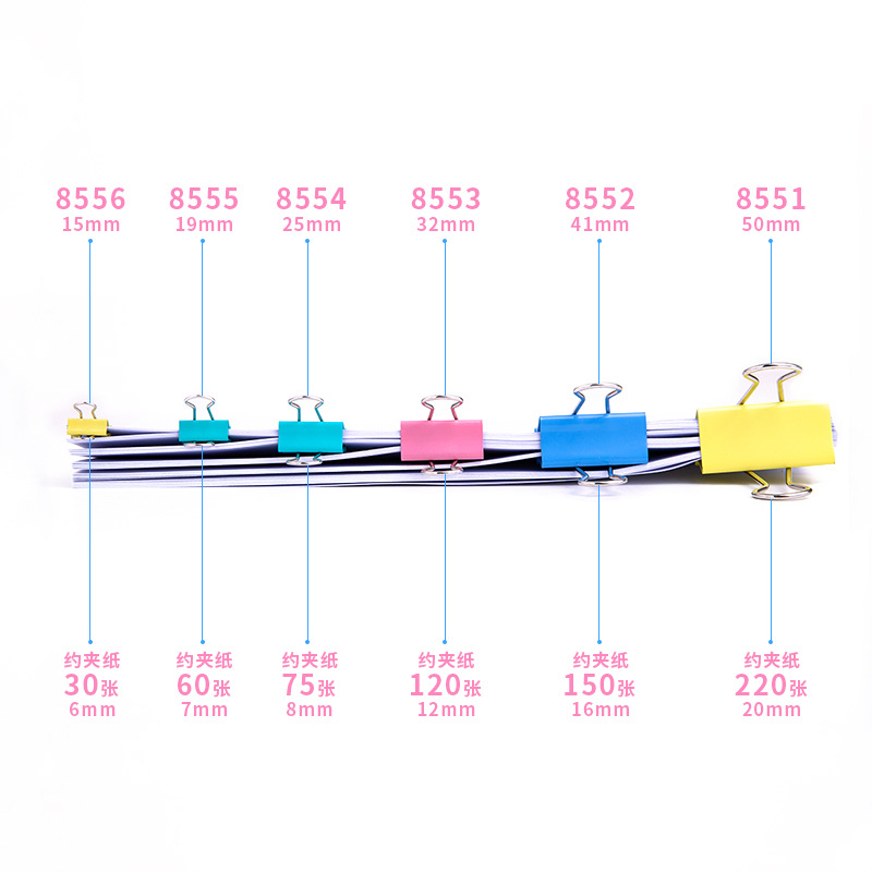 Clips de cola larga Deli 8551 de 50 mm, clips de cola larga de colores para uso en oficina, clips de cola larga de colores.