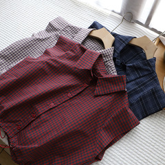 [比正]2025夏服新商品韓系POLO襟レトロ格子引き紐ノースリーブシャツレディース上着3975