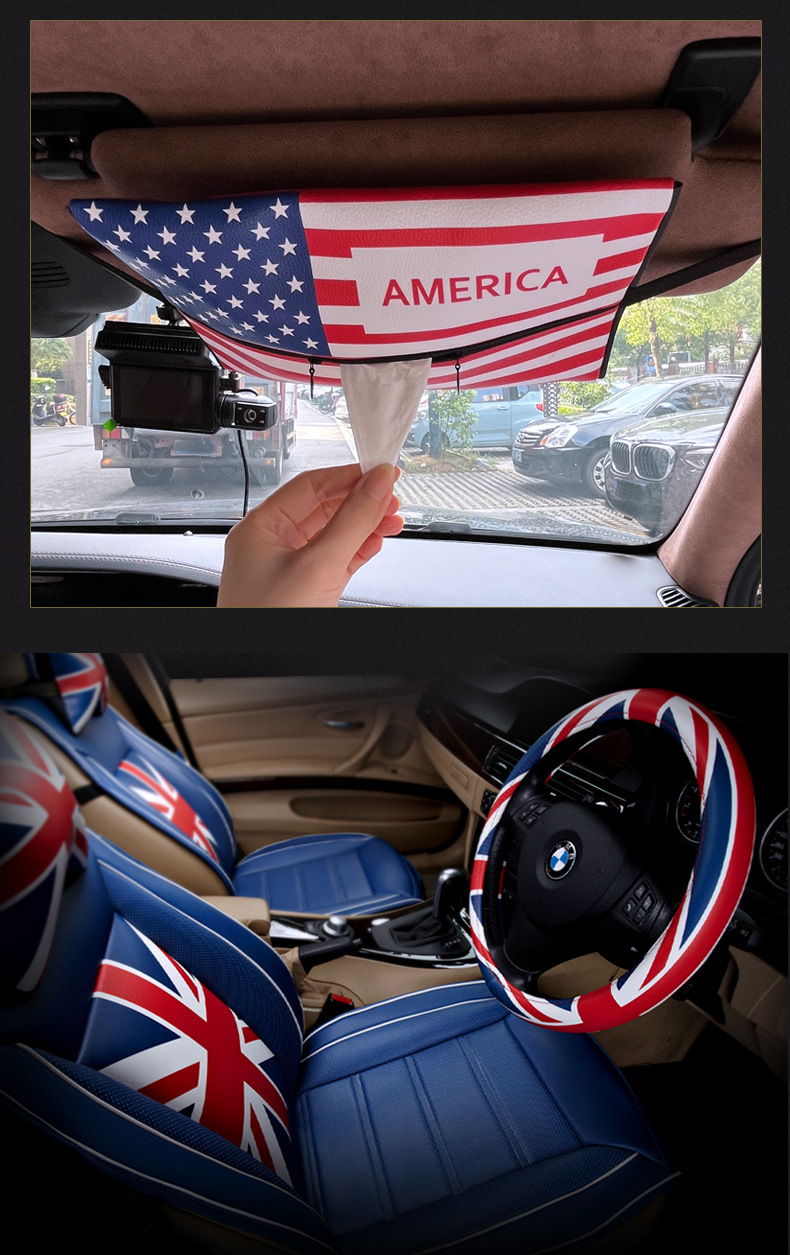 Car British Union Jack tissue box, car-mounted tissue holder, leather multifunctional tissue bag, interior accessory