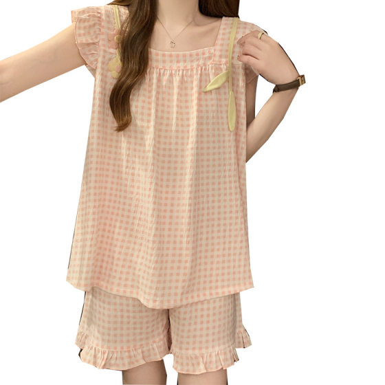 Internet Red Style Pajamas Women's 2025 Summer Thin Clouds Cotton Vest suit Plaid Sweet Princess Style Home Clothes