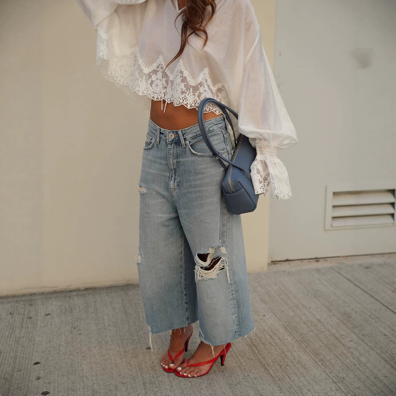 YL3045 Street Style Distressed Wide-Leg Straight-Fit Slimming Washed Denim Pants